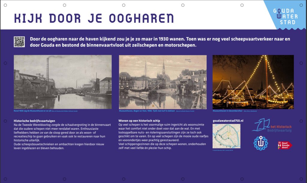 Banner 01. Museumhaven in het IJsselpark voor de themawandeling Scheepvaartstad Gouda tijdens GoudaWaterstad750