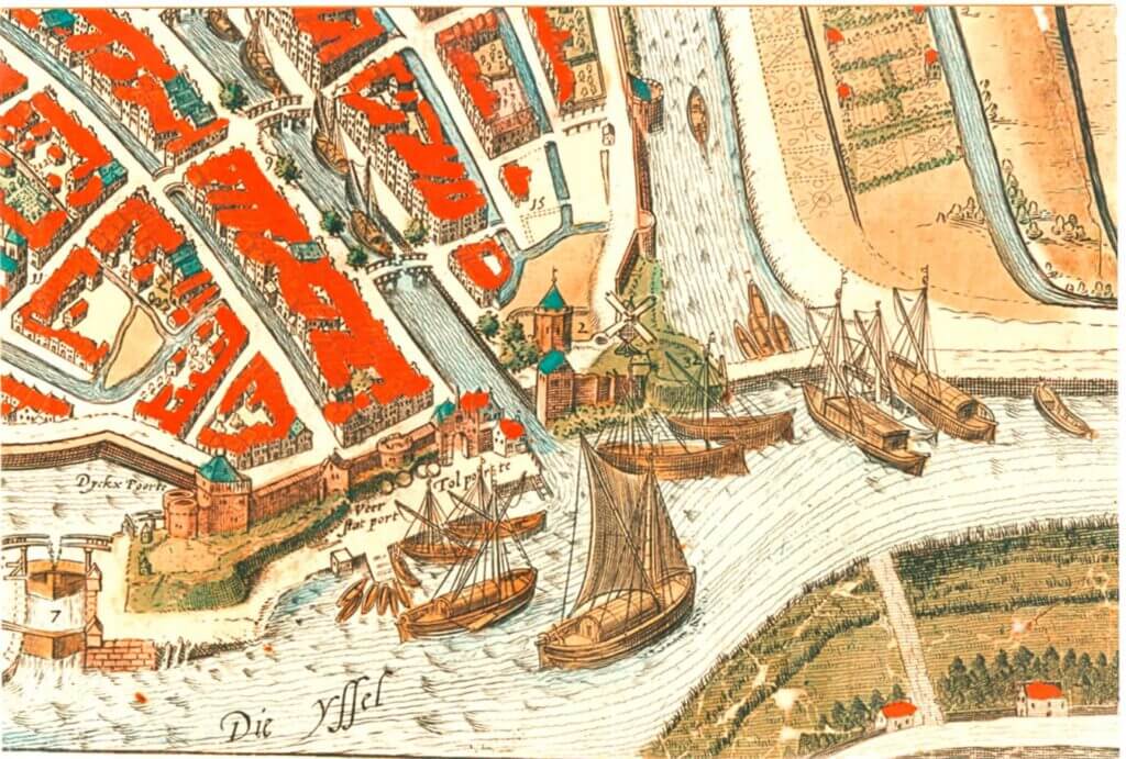 Invaart van de Haven, detail uit kaart van Braun & Hoogenberg, 1585. Foto Streekarchief Midden-Holland, Gouda.